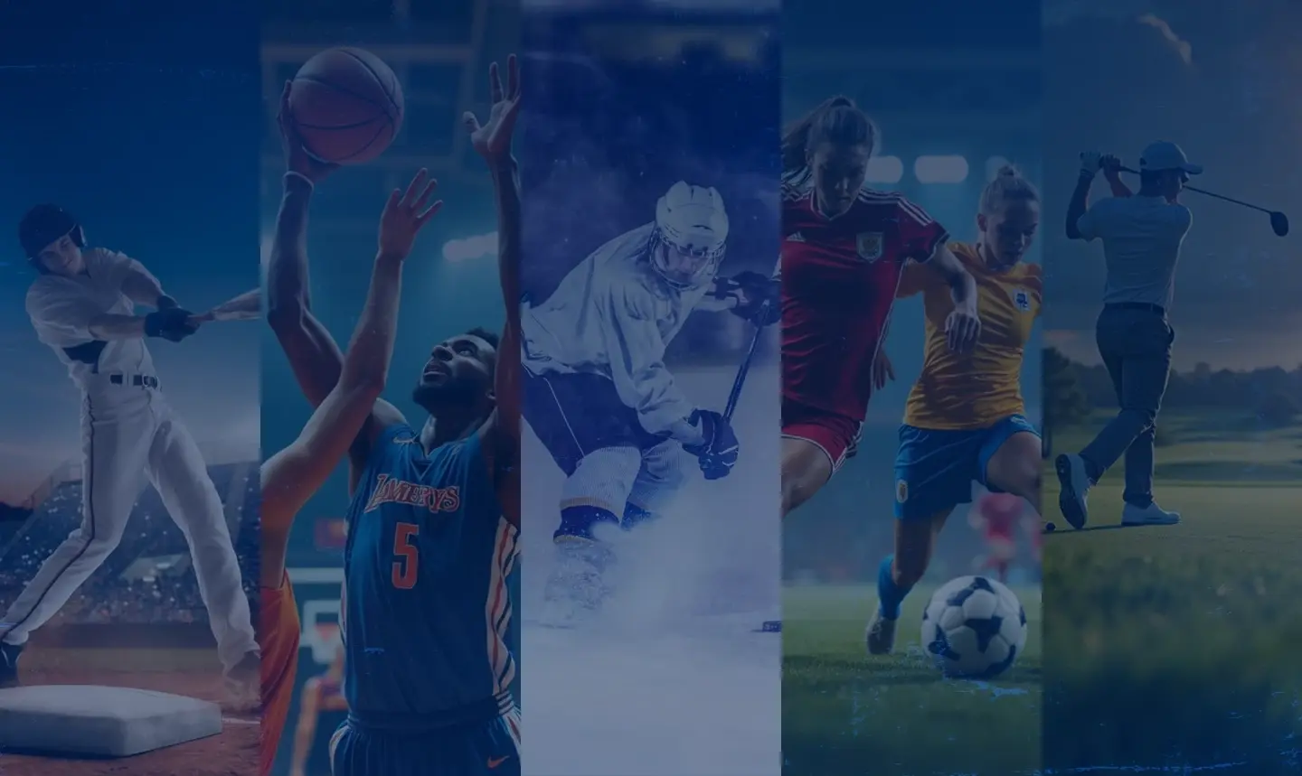Collage of baseball, basketball, ice hockey, soccer and golf athletes in action